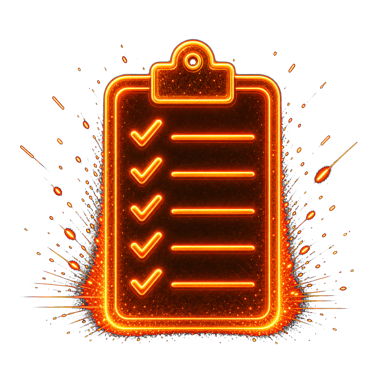 Glowing clipboard checklist line art with ember splatter