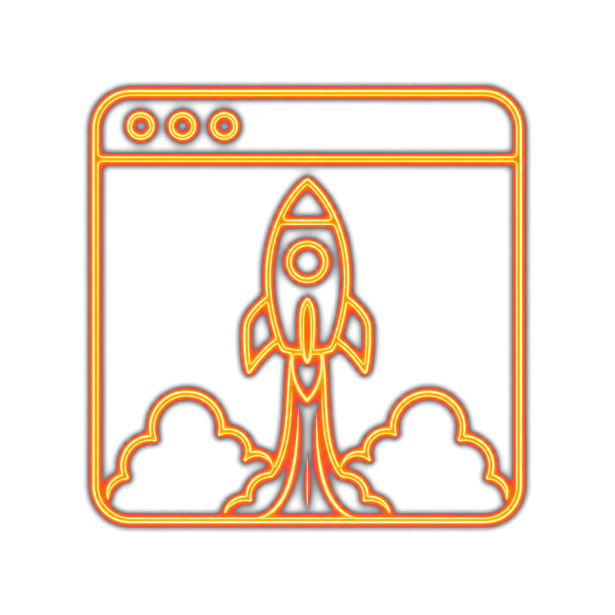 Glowing line art browser window with a rocket launching from clouds