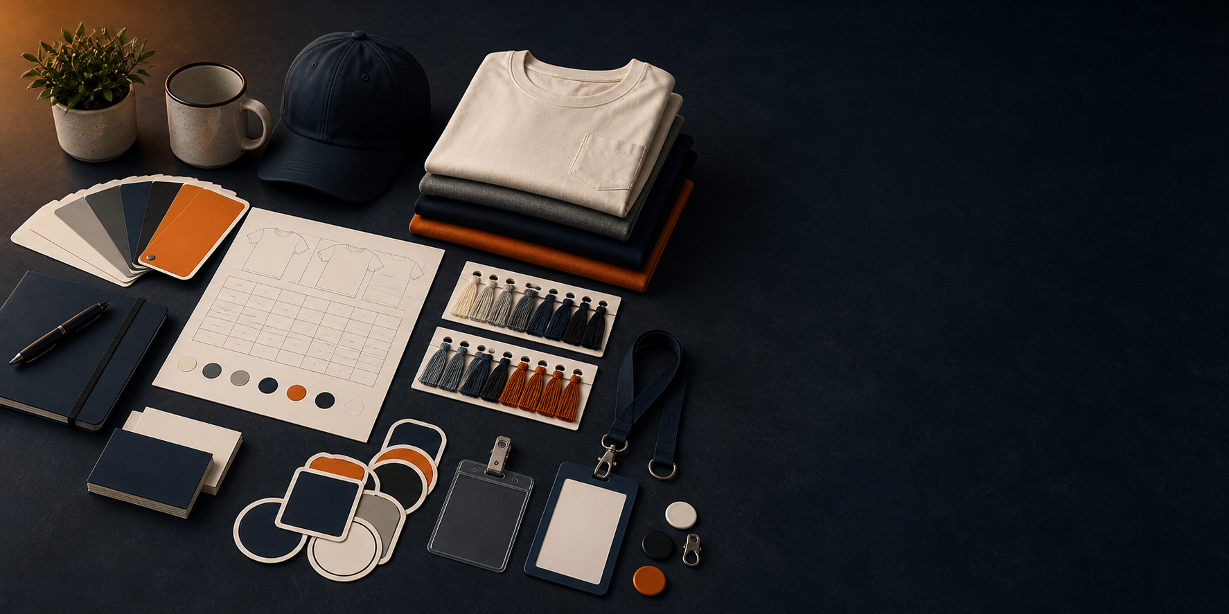 Apparel swatches, shirts, thread cards, badges and printed materials arranged for order planning